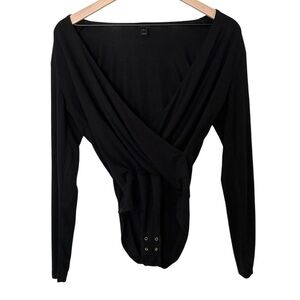 J. Crew Black Deep V Neck Long Sleeve Wrap Bodysuit Modal Stretch